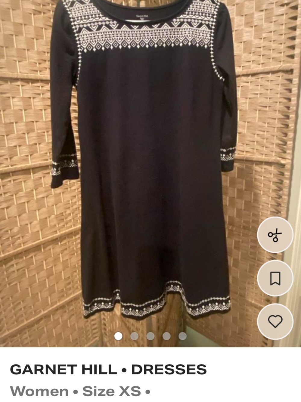 Garnet Hill Black Knit Dress with White Fair Isle Yoke and Hem